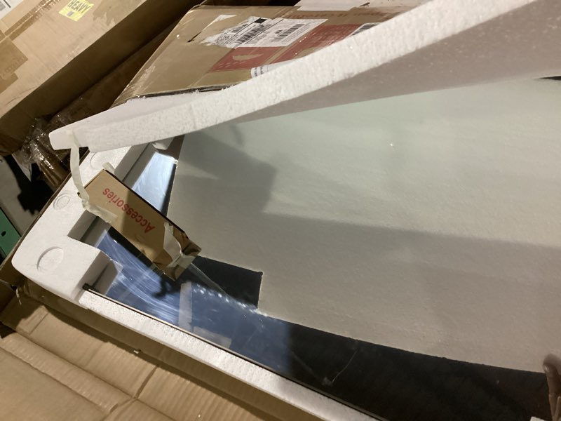 Condition photo showing As Is for loaao 20x30 inch brushed nickel bathroom mirror, rounded rectangle silver metal frame mirror, brushed nickel, anti-rust, shatter proof, hangs horizontally or vertically brushed nickel 20"l x 30"w