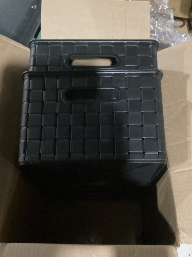 Condition photo showing New/Like New for bino | plastic storage baskets large - black | the stable collection | multi-use storage | rectangular cabinet organizer | baskets for organizing with handles | home office organization and storage 2pk large black