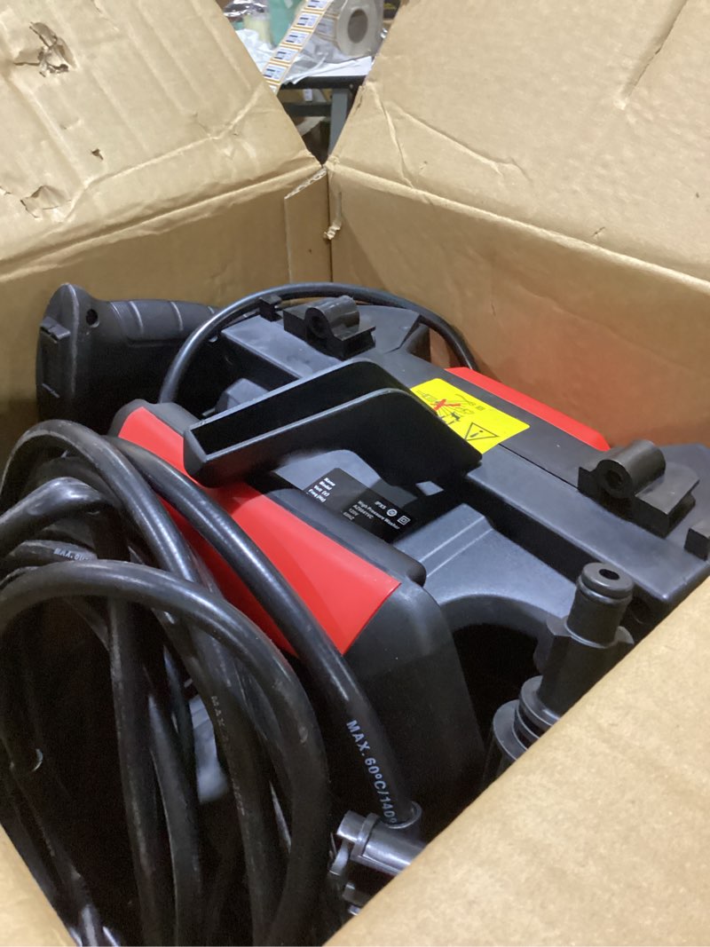 Condition photo showing As Is for electric pressure washer, 2.5 gpm power washer with foam cannon, electric high pressure washer with 4 quick connect nozzles for cars, driveways, fences, patios, home cleaning