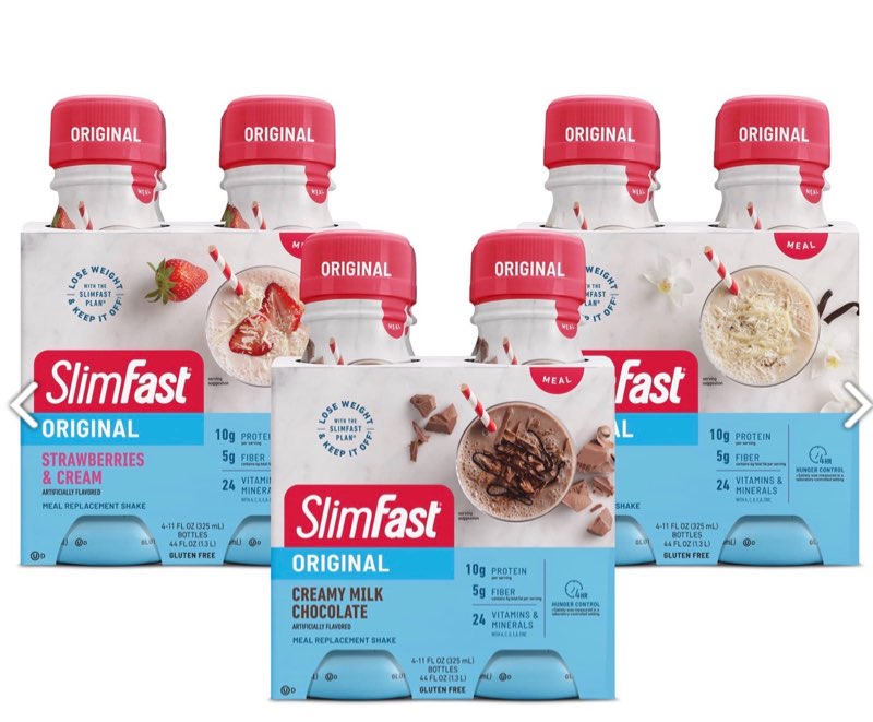 BBD: 11/21/2025. SlimFast! Original Variety Pack (MC) QTY: 3 X 4 CT 11 FL OZ EACH 12 BOTTLES 132 FL O7. NET WT Item # 1138125 