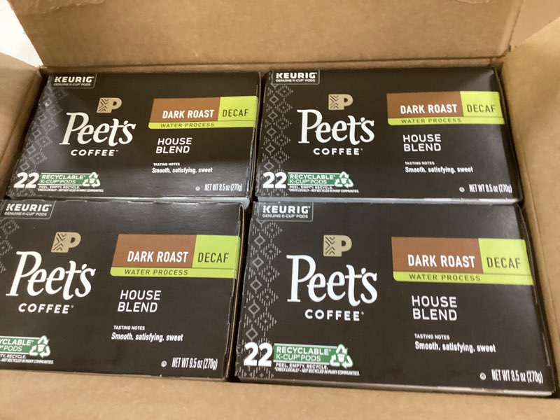 Condition photo showing New/Like New for Peet's Coffee, Dark Roast Decaf Keurig K-Cup Pods - Decaf House Blend 88 Count (4 Boxes of 22 K-Cup Pods) Decaf House Blend 22 Count (Pack of 4)