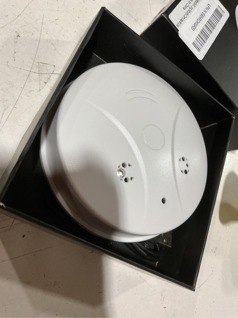 Condition photo showing As Is for 1080p hd wireless wifi camera smoke detector for home security with app control, motion detection, 150° indoor camera with night vision & loop recording for office/garage/shop/pet,user-friendly white