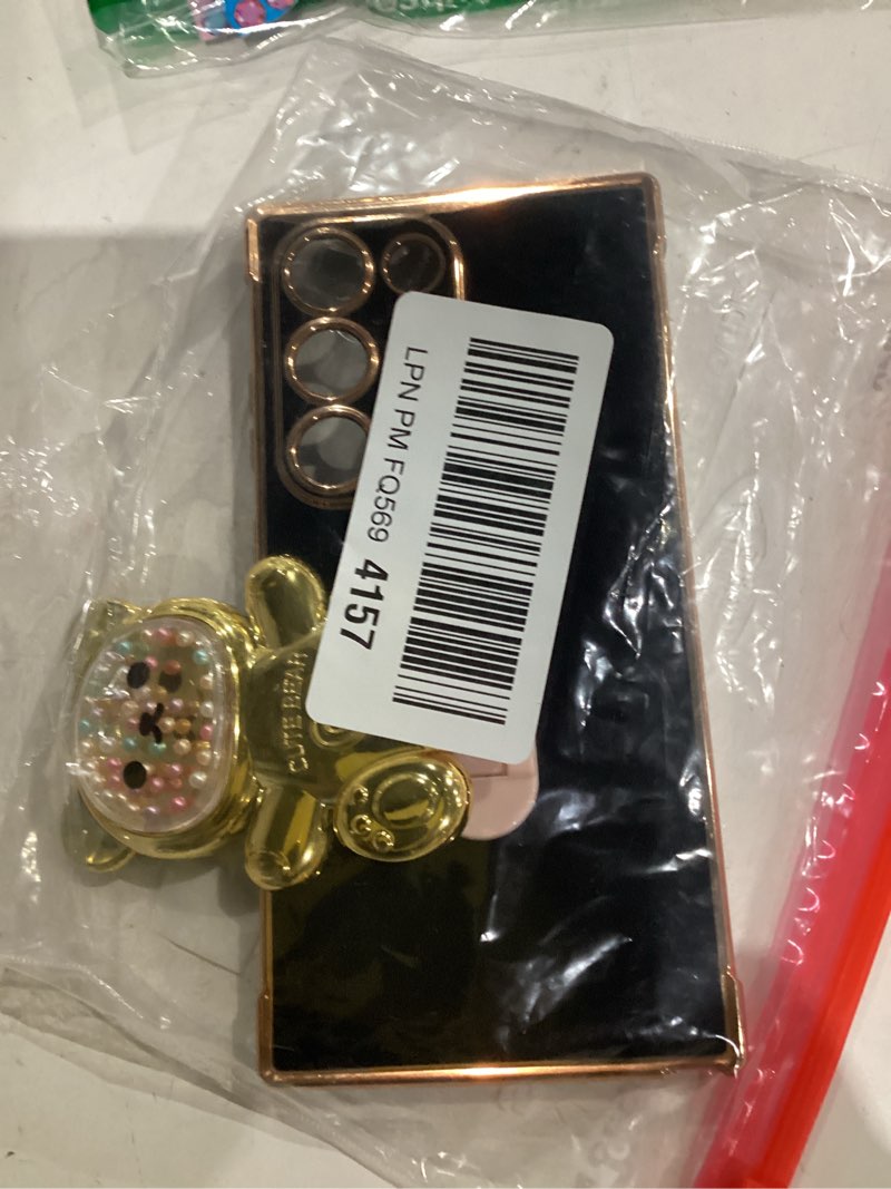 Condition photo showing As Is for Similar Cute Compatible with Samsung Galaxy S24 Ultra 6.8 inch Stand Case,Luxury 3D Gold Color Beads Quicksand Girly Cartoon Bear Kickstand for Women,Soft TPU Shockproof Love Hearts Cases(Black) Black For Galaxy S24 Ultra