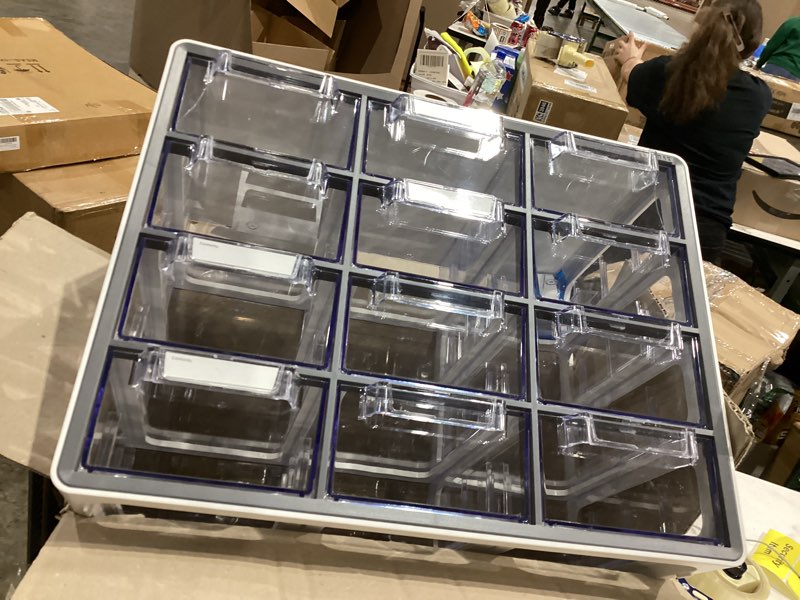 Condition photo showing As Is for Blue Ginkgo Large 12-Drawer Cabinet – Stackable Clear Organizer for Hardware, Beads, Plastic Bricks, Office, and Craft Storage (Made in Korea, Gray) 12 Drawer GREY