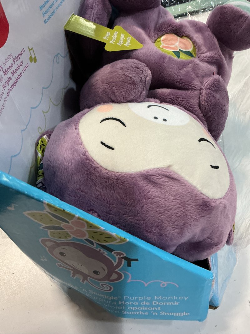 Condition photo showing New/Like New for fisher-price baby toy soothe ‘n snuggle purple monkey plush portable sound machine with breathing motion & lights for newborns ages 0+ months