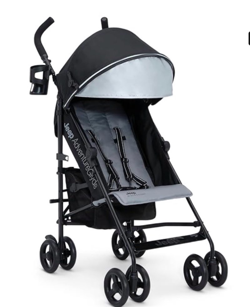 jeep adventureglyde stroller by delta children - lightweight travel stroller with smoothest ride & compact fold, 3-position recline, extra large storage basket, black/grey