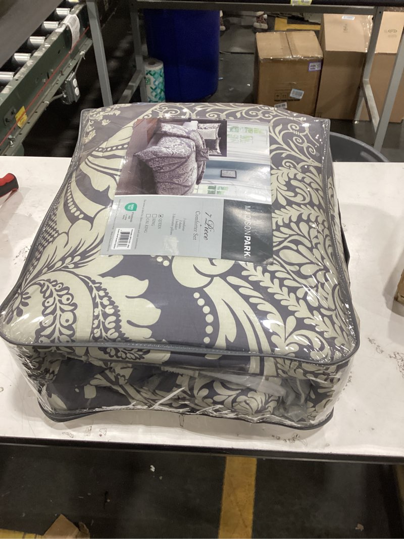 Condition photo showing Good Condition for madison park vienna sateen cotton comforter set, breathable, soft cover, trendy, all season down alternative cozy bedding with matching shams, queen, grey 7 piece