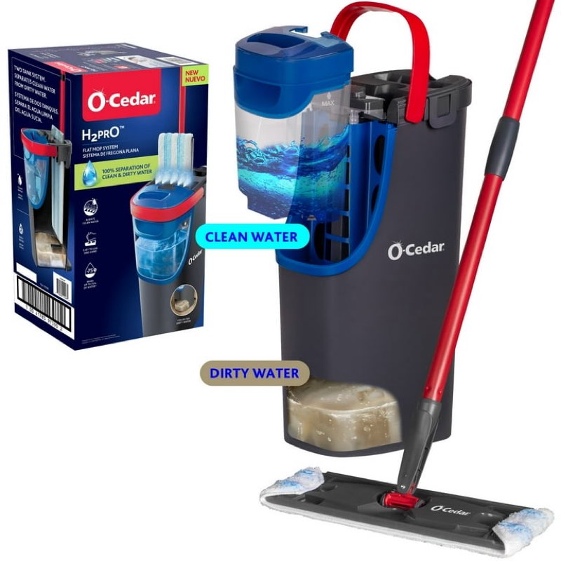 o-cedar h2pro™ flat mop system with dual tank design and reusable microfiber pads