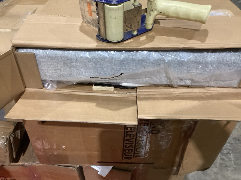 Condition photo showing Good Condition for queen size platform bed frame with upholstered button tufted headboard, mattress foundation with wooden slat support, noise free, no box spring needed, easy assembly, light grey light grey queen