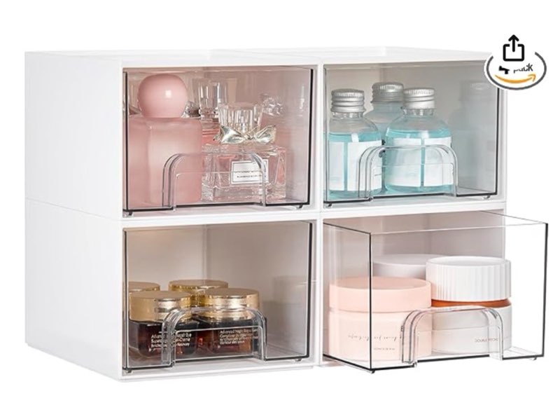 Vtopmart 4Pack Small Stackable Storage Drawers, Bathroom Makeup Organizer,Plastic Storage Bins For Vanity, Undersink, Kitchen Cabinets, Pantry, Home Organization(White)