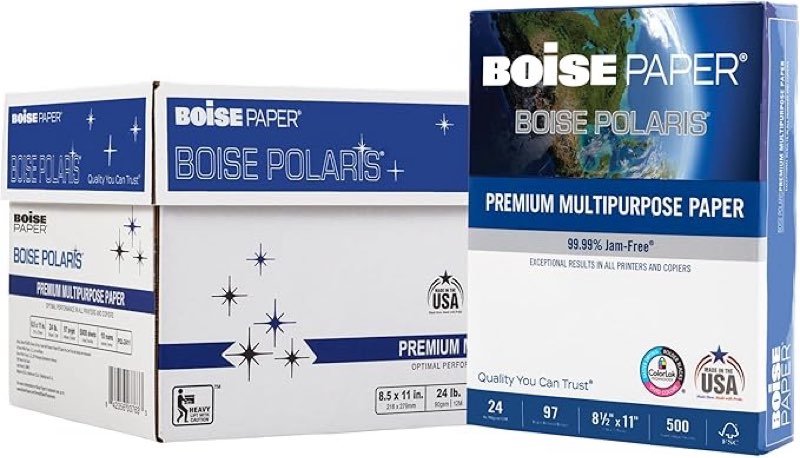 BOISE POLARIS Premium Multipurpose Copy Paper | 8.5" x 11" Letter | 97 Bright White, 24 lb. | 10 Ream Carton (5,000 Sheets)