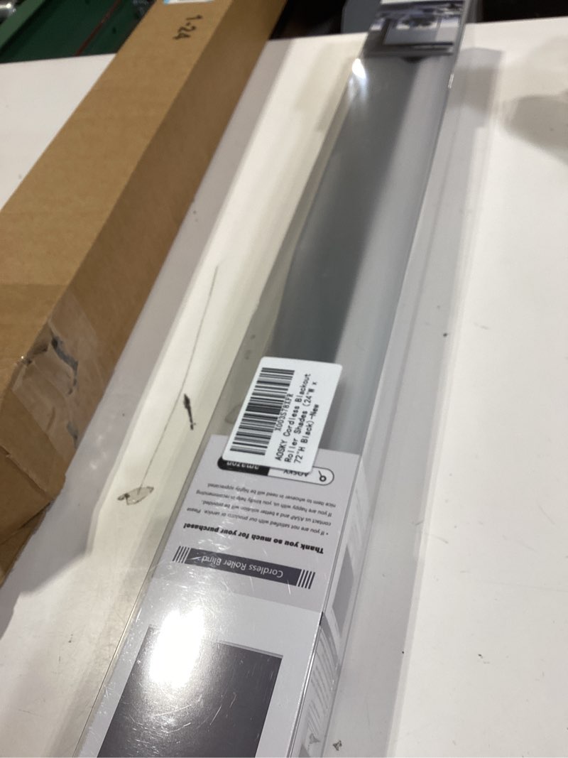 Condition photo showing Good Condition for aosky cordless roller shades blackout blinds for windows room darkening rolled up shades with spring system, uv protection window shades door blinds for home and office (24" w x 72" h, black) 24"w x 72"h black