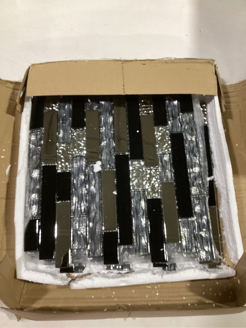 Condition photo showing As Is for 5-sheet glass backsplash tiles, 5 square feet black glass mosaic backsplash subway metal tile for kitchen wall bathroom black & silver