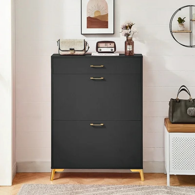 Free Standing Shoe Cabinet,Wooden Shoe Storage Cabinet with 2 Flip Drawers,Slide Drawer and Metal Legs,Modern Slim Narrow Shoe Organizer Rack for Entryway,Hallway,Black