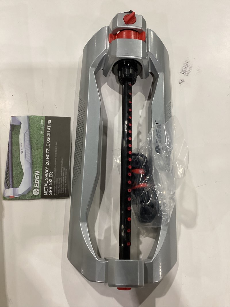 Condition photo showing New/Like New for Eden 94111 Heavy Duty Metal Oscillating Sprinkler, Covers Up to 3,328 sq. ft., 20 Precision Nozzles, Flow Control, Adjustable Range, Quick Connect Bundle, Silver, Red, Black 20 Nozzles Metal with Flow and Range Control