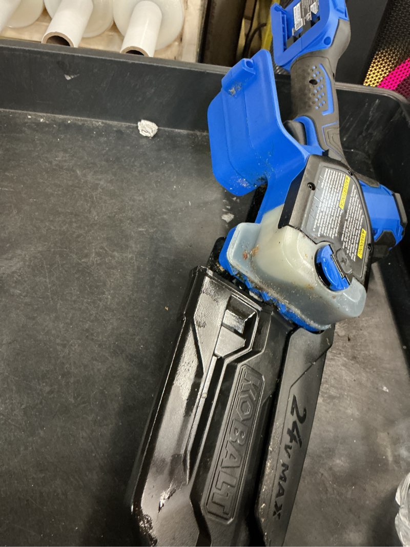 Condition photo showing As Is for kobalt 24-volt 6-in battery chainsaw battery not included charger not included