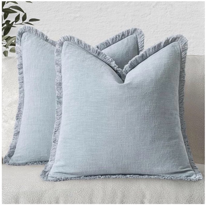 MIULEE Decorative Throw Pillow Covers Neutral Linen Fringe Throw Pillows Set of 2 Sky Blue Boho Farmhouse Cushion Covers for Couch Sofa Bed Living Room Spring Home Decor 18x18 Inch