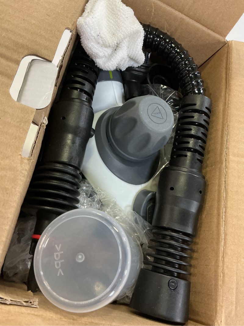 Condition photo showing New/Like New for handheld steam cleaner, pressurized multi-purpose natural steamer with 12 pcs accessories, steamer for cleaning car, countertop bathroom, shower, upholstery, couch, tile grout, window, grease
