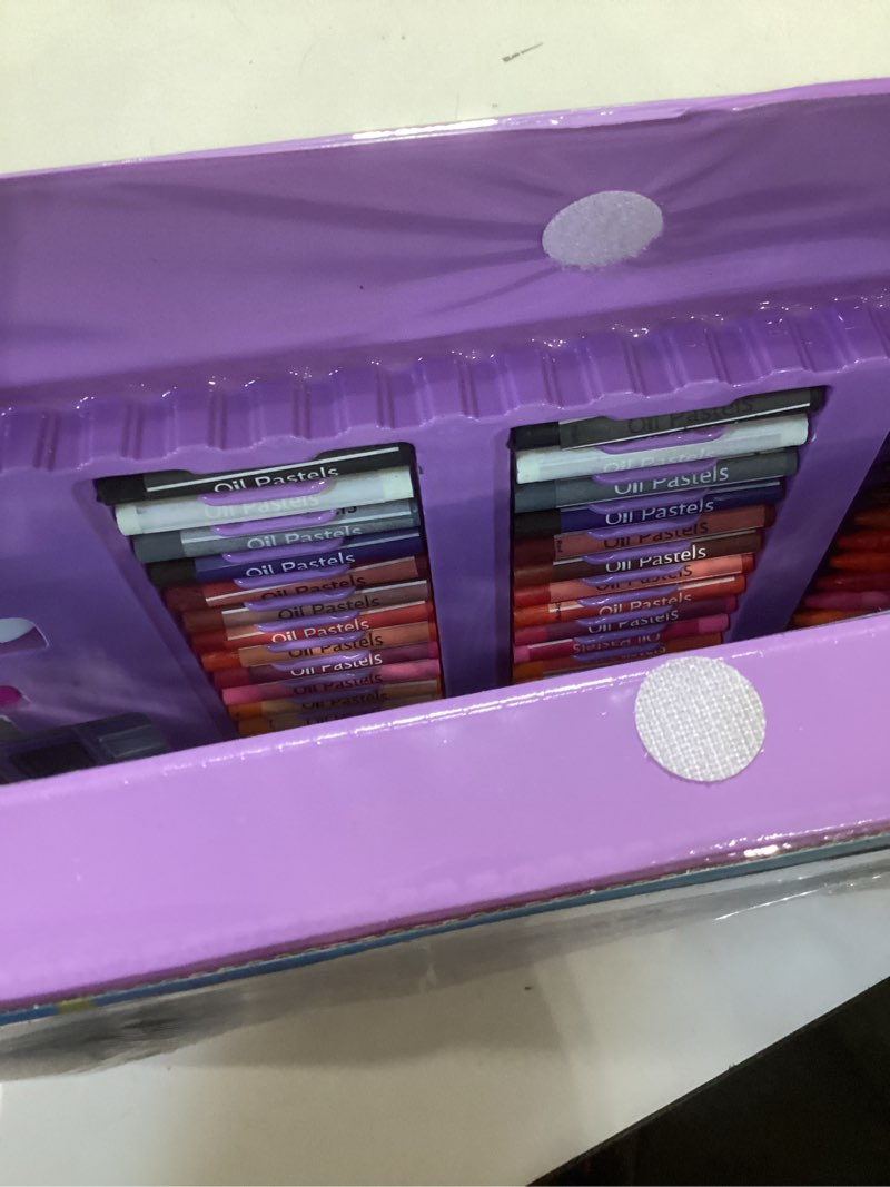 Condition photo showing As Is for 208 pcs art supplies,drawing art kit painting art set for kids girls boys artist, gift box with trifold easel, includes pastels, crayons, colored pencils, coloring book, scissors, origami paper 40 sh. purple