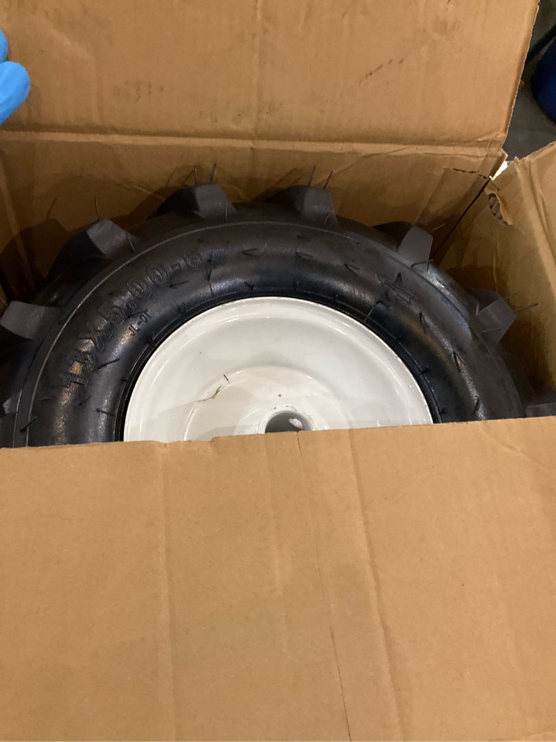 Condition photo showing New/Like New for 13x5.00-6" Tiller Tire and Wheel 2 Pack 1 Inch Hub 3-1/8" Centered Hub Length Agriculture Super Lug Tractor & Trencher Tire Replacement