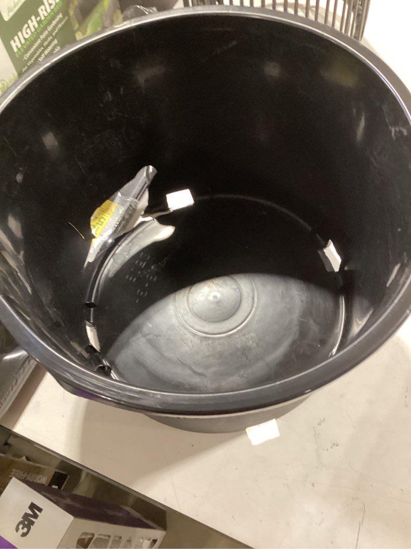 Condition photo showing As Is for style selections round 12.36-in w medium black resin indoor/outdoor planter with drainage holes
