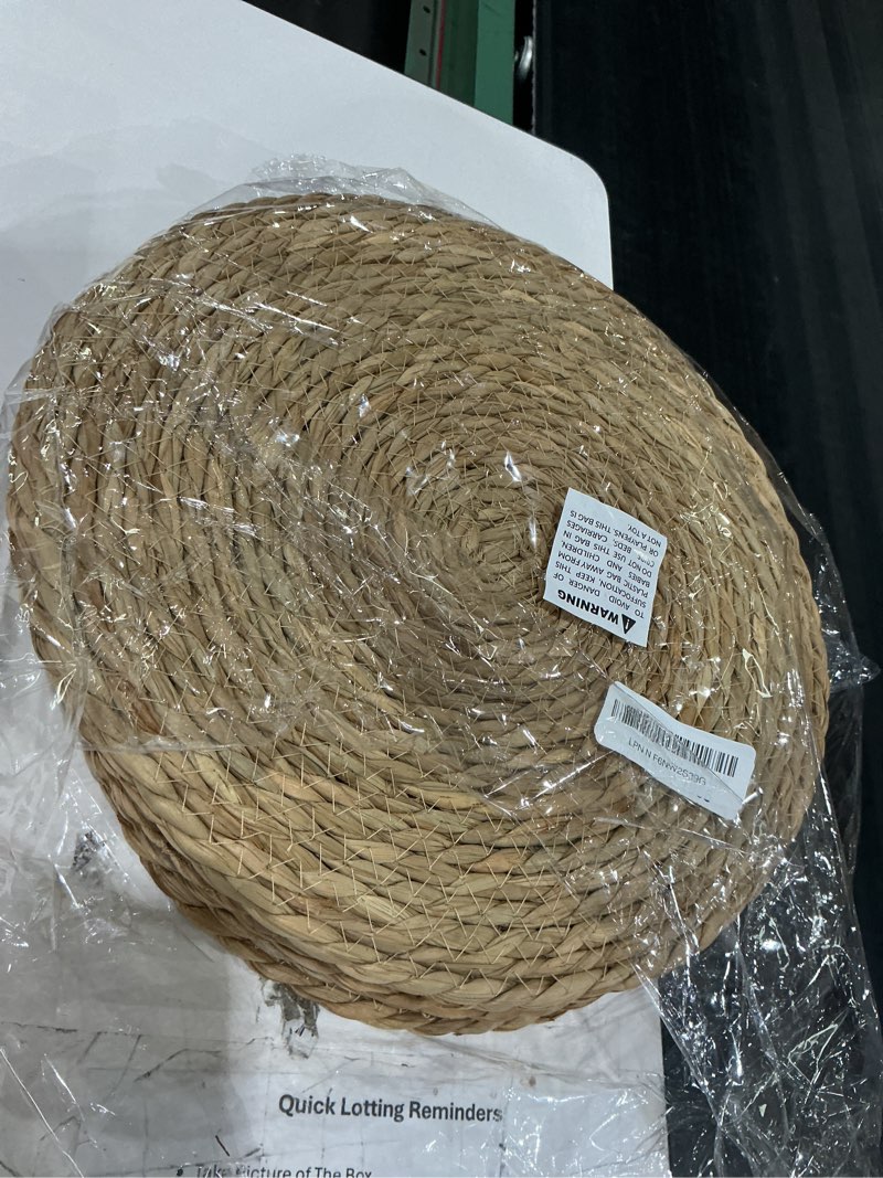 Condition photo showing Good Condition for round woven placemats set of 10-13 inch natural water hyacinth place mats for dining table, boho farmhouse kitchen table decor, rustic braided table mats for daily use & holiday table setting