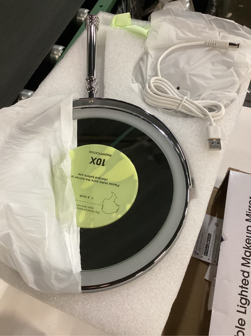 Condition photo showing Good Condition for Lighted Makeup Mirror, 3000 mAh Rechargeable Double Sided Magnifying Vanity Mirror with 3 Colors, 1x/10x, 360° Rotation , Brightness Adjustable Magnification Cosmetic Light up Mirror, Women Gift Chrome