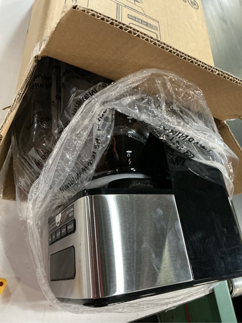 Condition photo showing As Is for 12-cup programmable coffee maker, regular & strong brew drip coffee machine, 1-4 cup and ice coffee setting, 24h timer, auto shut-off, keep warm, pause & serve