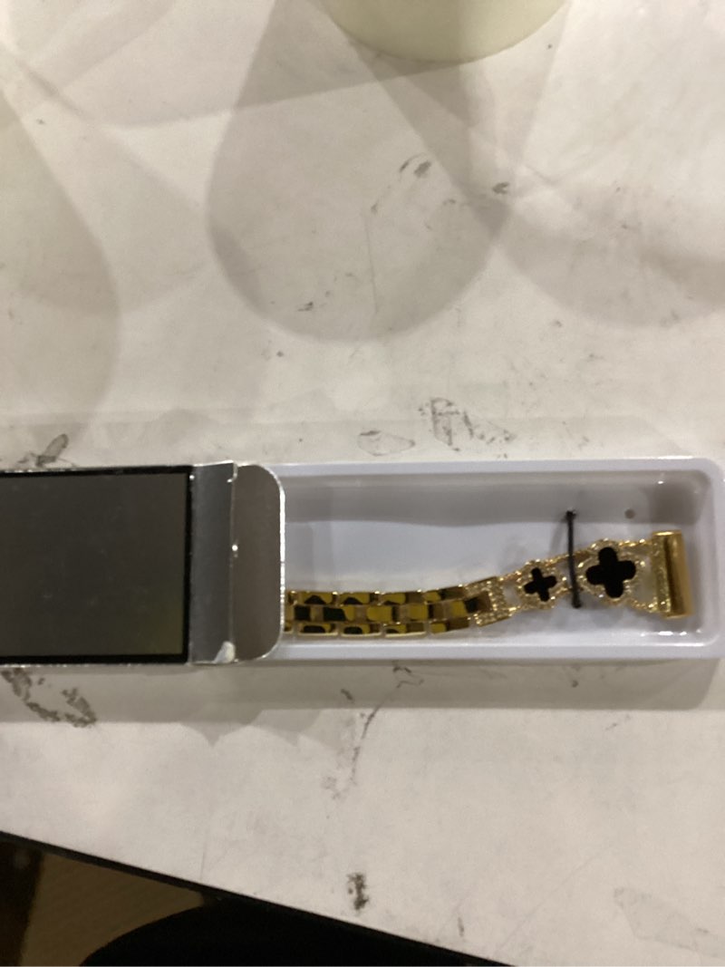 Condition photo showing New/Like New for for metal bands, compatible with fitbit versa 4/versa 3/fitbit sense 2/sense band smart watch, diamond four leaf clover stainless watch strap for women fitbit versa 4/versa 3/fitbit sense 2/sense gold/black