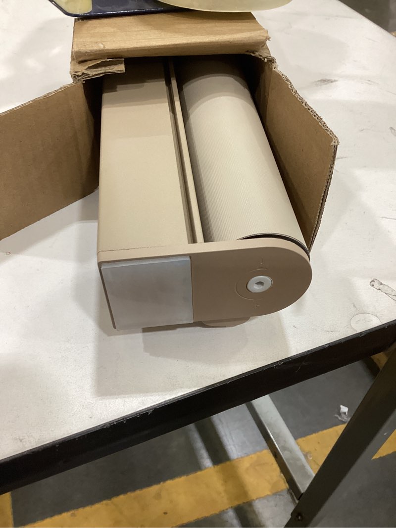 Condition photo showing As Is for hestia no drill cordless blackout roller shades screwless waterproof shower window blinds, auto-retraction easy install blind for bathroom/kitchen/office/exterior, greige, 36" w x 72" h 36"w x 72"h greige