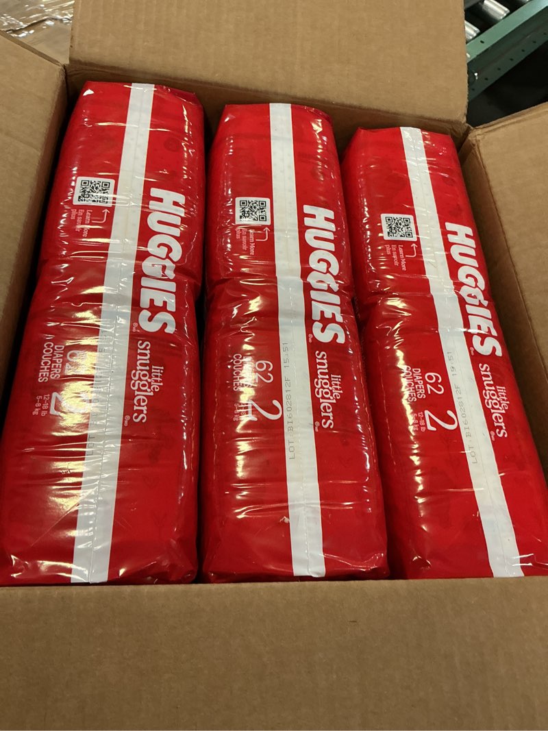 Condition photo showing New/Like New for Huggies Size 2 Diapers, Little Snugglers Baby Diapers, Size 2 (12-18 lbs), 186 Count (3 Packs of 62), Packaging May Vary