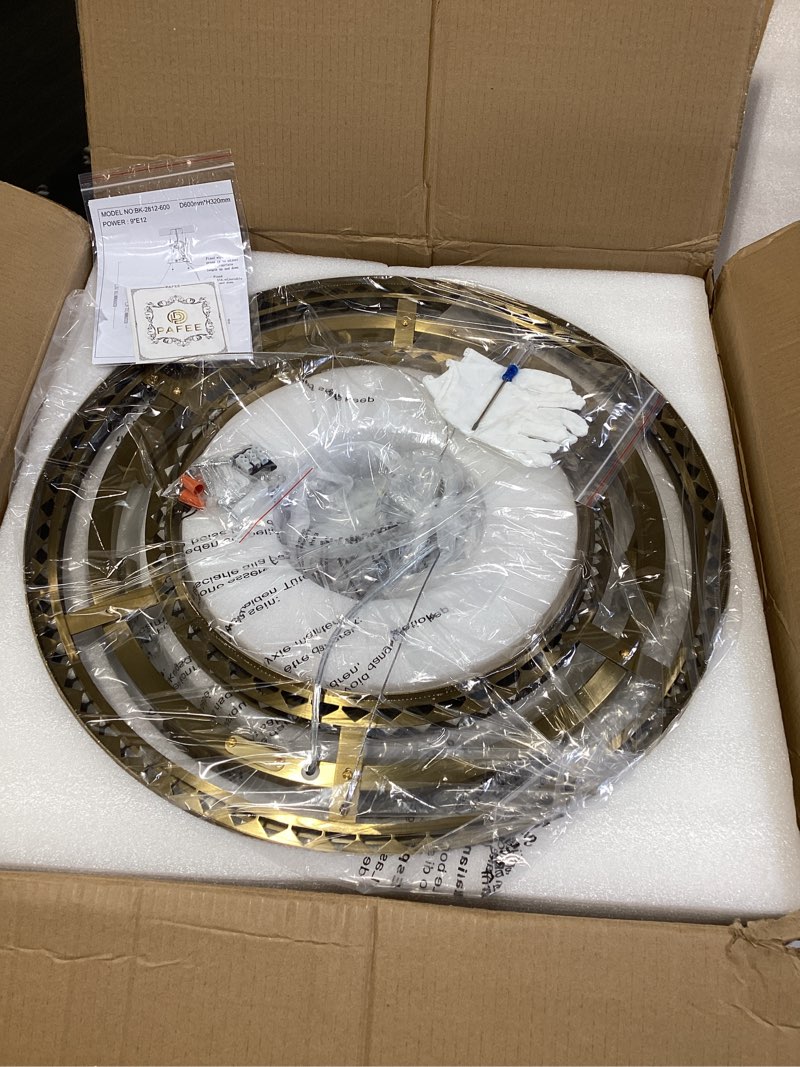 Condition photo showing Good Condition for modern gold crystal chandelier, 9-light 2-tier round brushed gold raindrop adjustable flush mount pendant light, e12 base for dining room living room foyer entryway - 23.6" d brushed gold 23.6" round gold