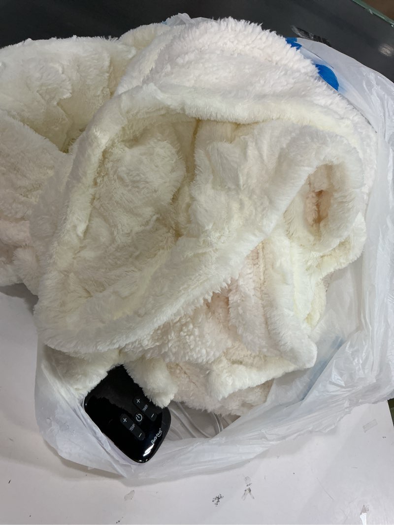 Condition photo showing As Is for Bearhug Electric Blanket King Size 100" x 90", Dual Controller Heated Blanket, White Flower Patterns Faux Fur & Warm Sherpa, 10-Heat Levels & 1-12H Auto Off,ETL, Machine Washable King Size 100" × 90" White Cloud