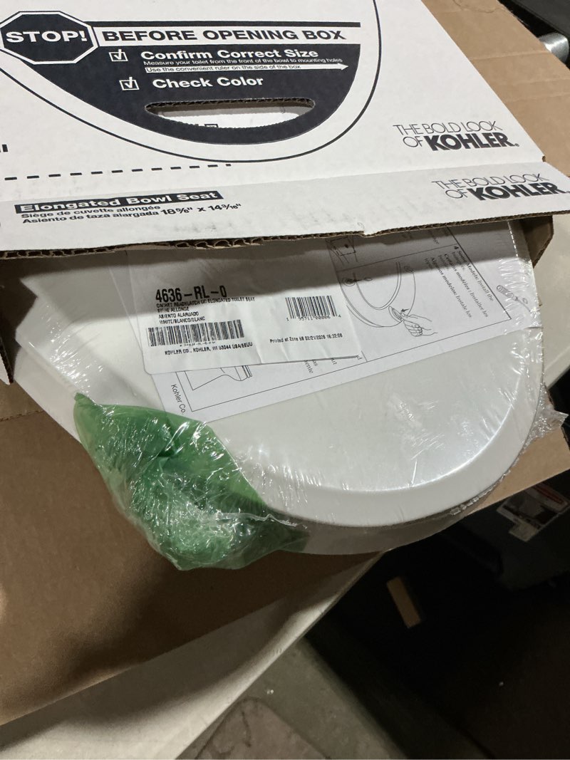 Condition photo showing Good Condition for kohler 4636-rl-0 cachet readylatch elongated toilet seat slow close, soft close toilet seat quiet lid, contoured grip-tight bumpers installation hardware, apartment essentials, white white elongated ready latch
