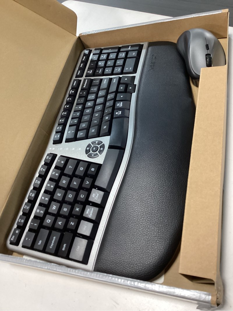 Condition photo showing Good Condition for MEETION Ergonomic Wireless Keyboard and Mouse Combo, 2.4G Curved Compact Keyboard with Cushioned Palm Rest, 4 Level DPIs Adjustable Wireless Mouse, for Windows/Mac/Desktop/Laptop/PC, Gray Black