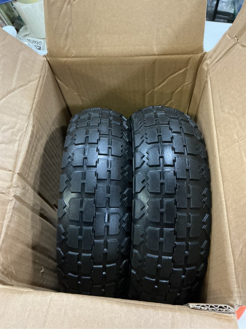 Condition photo showing Good Condition for gicool 10" flat-free solid tire and wheel replacement 4.10/3.50-4, with 5/8" axle bore hole, 2.2" offset hub, compatible with hand truck tire garden wagon trolley dolly
