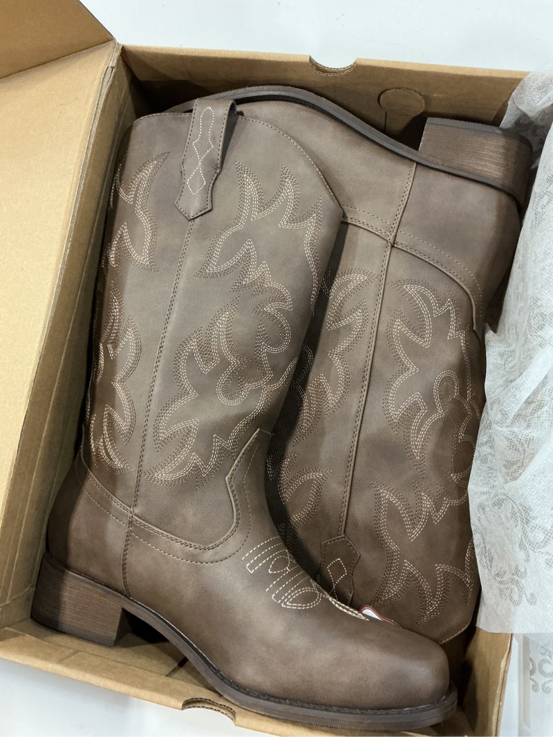 Condition photo showing Good Condition for iuv cowboy boots for women square toe black wide cowgirl mid calf western pull on fashion brown cowgirl 9.5