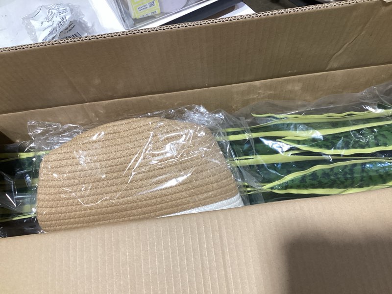 Condition photo showing Good Condition for warmplants artificial snake plant, 3ft fake sansevieria with basket, 35" fake mother in law plants, perfect faux potted plant greenery for indoor home office store lifelike decoration (yellow) yellow 35" with basket