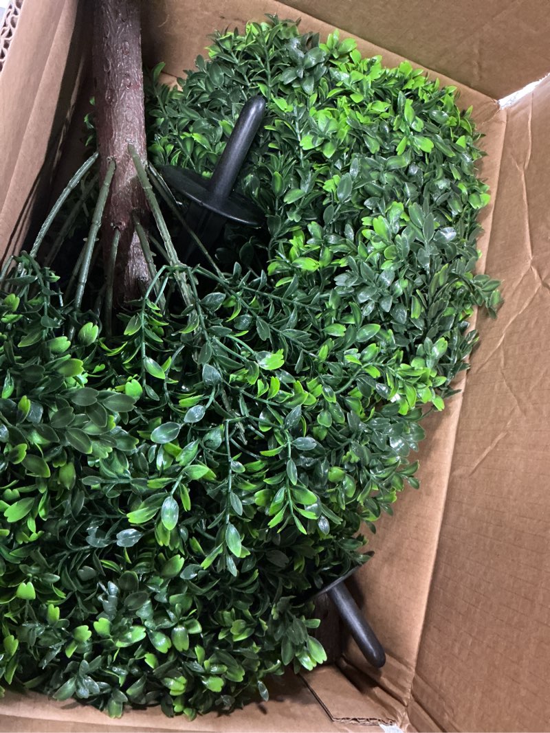 Condition photo showing Good Condition for 27.5" Artificial Olive Boxwood Topiary Ball Tree, Set of 2 Fake Bushes Shrubs with Ground Spike, UV Resistant Faux Evergreen Boxwood Plants for Outdoor Indoor Planters Front Porch Garden Decor Brown-olive