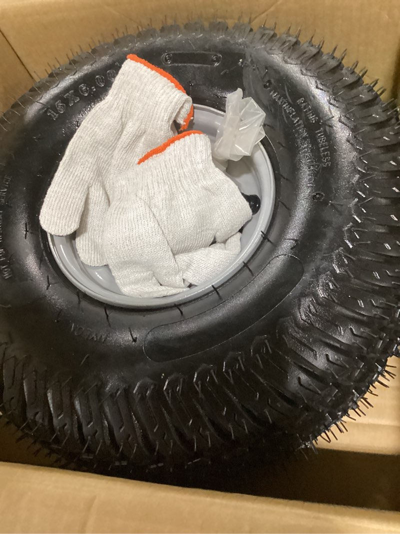 Condition photo showing As Is for 15x6.00-6nhs lawn mower front tire 4 ply 15x6x6 lawn mower 570 lbs tire and wheel with 3/4" iron bushing and 6 spacers, replacement for garden lawn tractor riding lawn mowers, 1 pack 15x6.00-6 - 1p ( with tube) silver