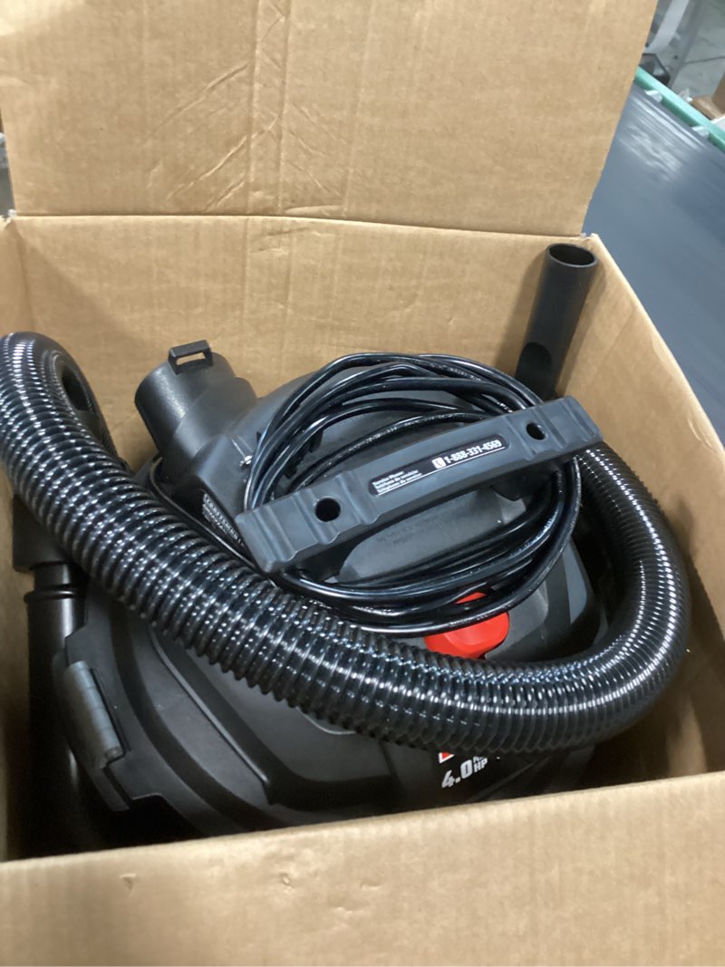 Condition photo showing As Is for craftsman 5-gallon 4-hp corded wet/dry shop vacuum with accessories included