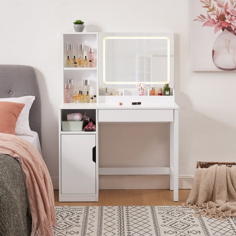 mainstays get ready with me grwm left vanity table with lighted mirror and storage, white finish