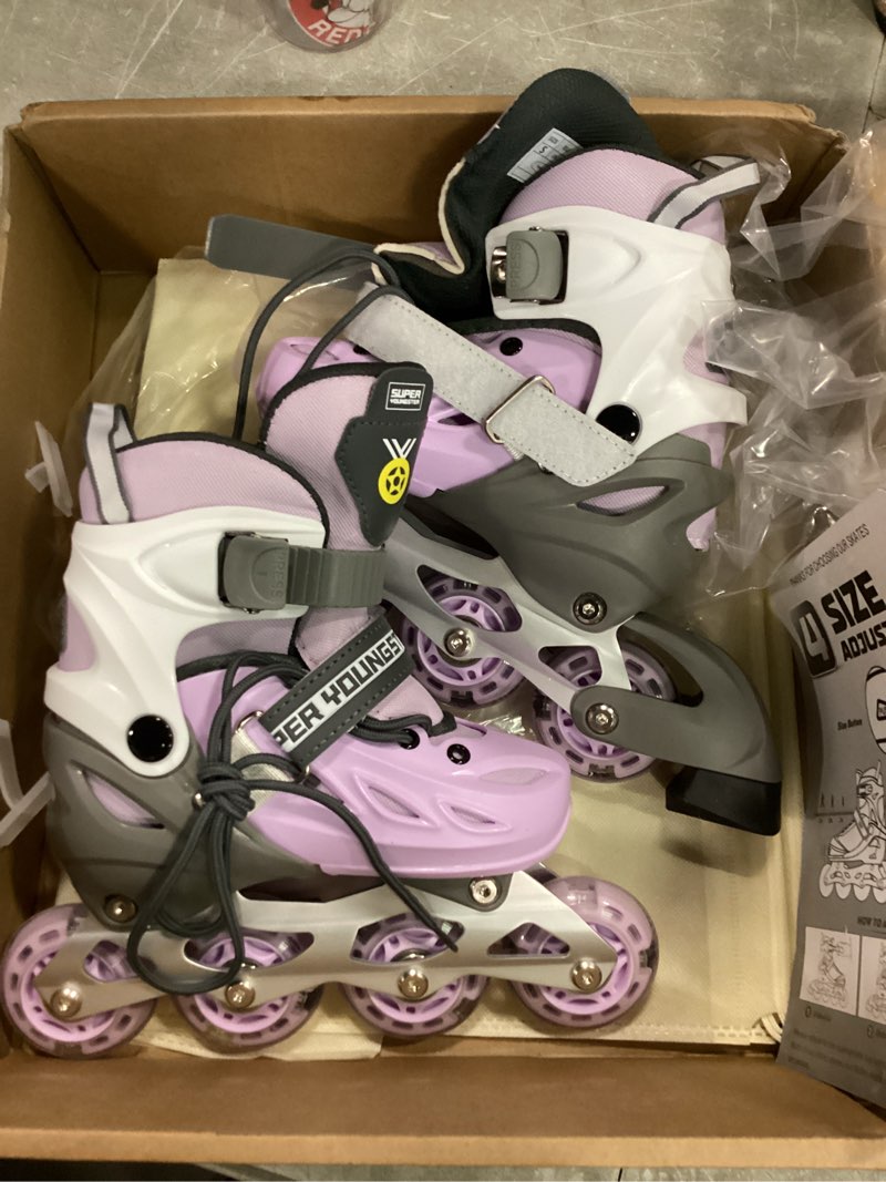 Condition photo showing New/Like New for super youngster adjustable inline skates for boys girls ages 4-12 with light up wheels, roller skates blades for youth kids indoor & outdoor beginners purple small-little kid (11j-1 us)
