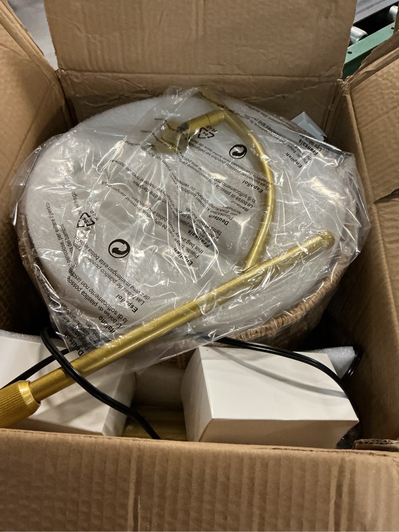 Condition photo showing Good Condition for gold boho rattan floor lamp w/remote, dimmable (2700k - 6000k), 2 - in - 1 wicker & fabric shade, adjustable 165-172cm for living room & bedroom bohemian gold small