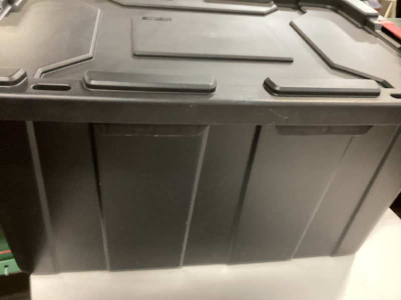 Condition photo showing Good Condition for sterilite 27 gallon industrial tote  rugged plastic storage bin  latch lid  black