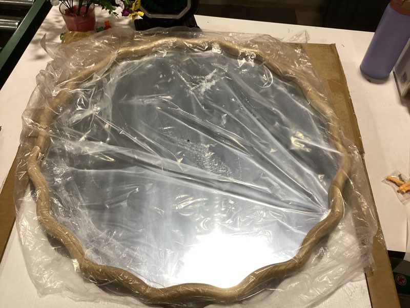 Condition photo showing Good Condition for round wood wavy mirror for wall, 28" boho circle mirror | scalloped wood frame, hd shatterproof glass, decorative wall mirror for vanity, bedroom, entryway, living room & dresser