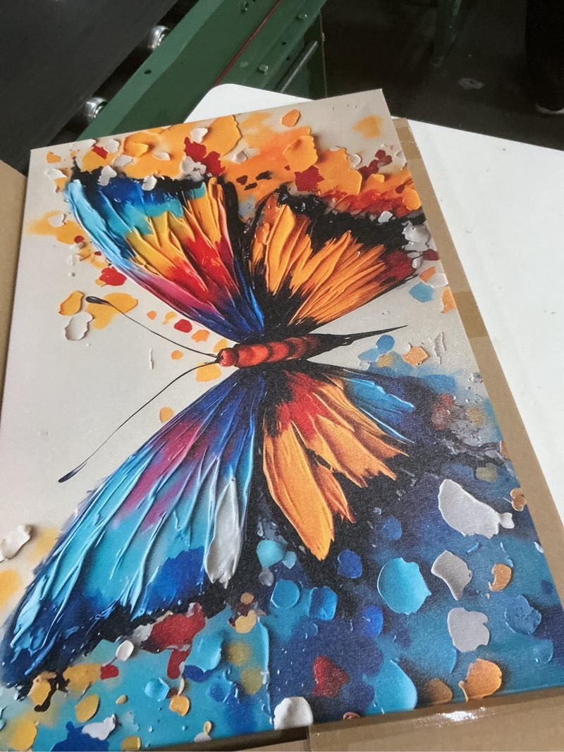 Condition photo showing Good Condition for 2d no texture colorful painting butterfly canvas wall art, blue yellow wall decor, cute butterfly picture for wall living room bathroom bedroom home decoration 16*24 in (stretched canvas on a wooden frame) stretched canvas on a wooden frame 16*24 in(stretched canvas on a wooden frame)