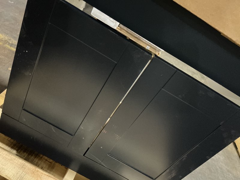 Condition photo showing As Is for navy blue sink bathroom vanity with white cultured marble top
