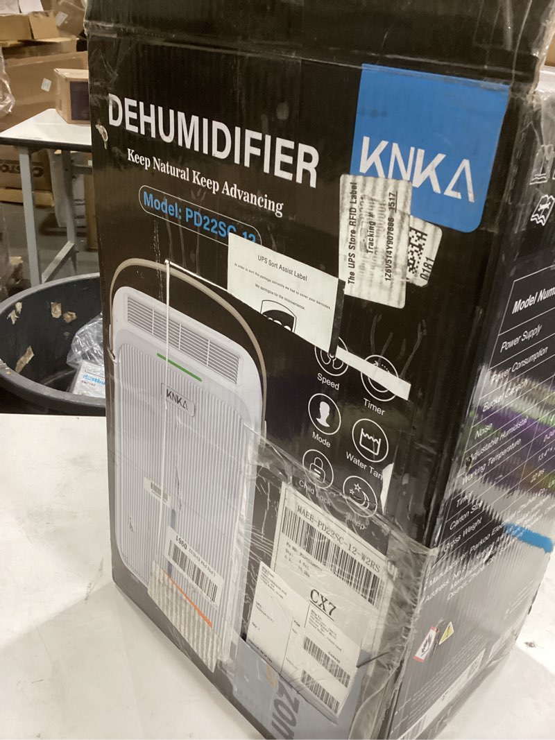 Condition photo showing As Is for KNKA 2500 Sq.Ft Dehumidifiers for Home with Drain Hose Max 34 Pints, Dehumidifier for Basement, Bedroom, Bathroom, Large Room, Three Modes, Intelligent Humidity Control, Dry Clothes, 24HR Timer