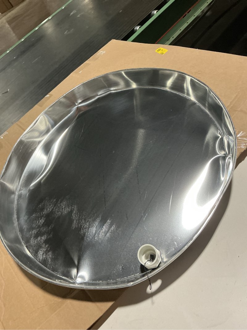 Condition photo showing As Is for Everflow AWHP24 Aluminum Water Heater Drain Pan with 1 in. - 1-1/2 in. PVC Fitting, 24 in. Diameter Chrome